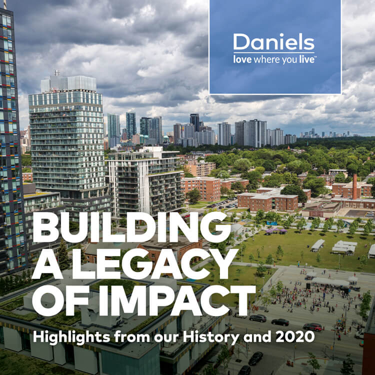 "Building a legacy of Impact. Highlights from our History and 2020" - super imposed on a ariel view of  Regent Park