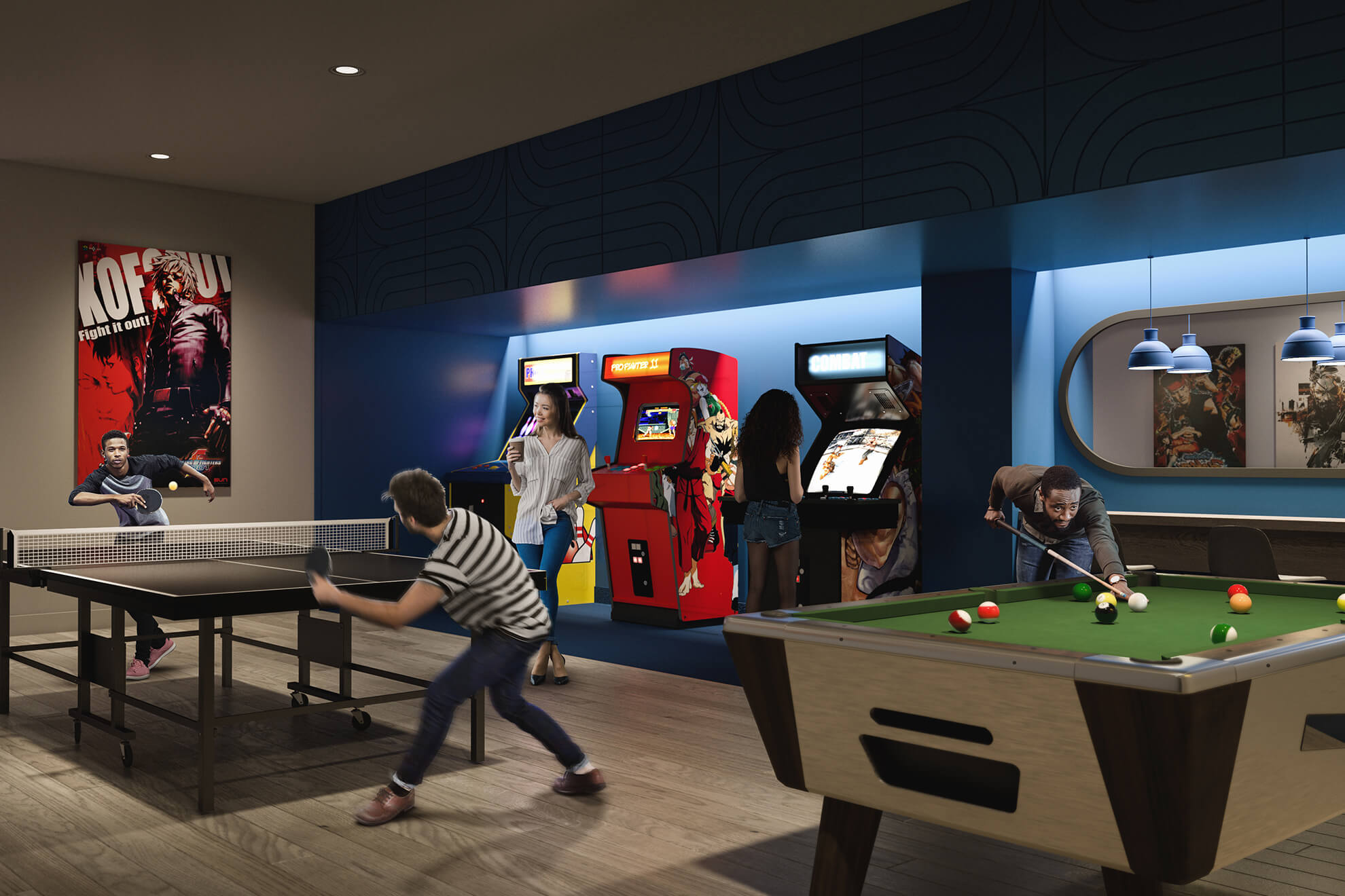 Digital render of the Artsy Arcade. Man playing pool. Woman looking at two men playing ping pong.