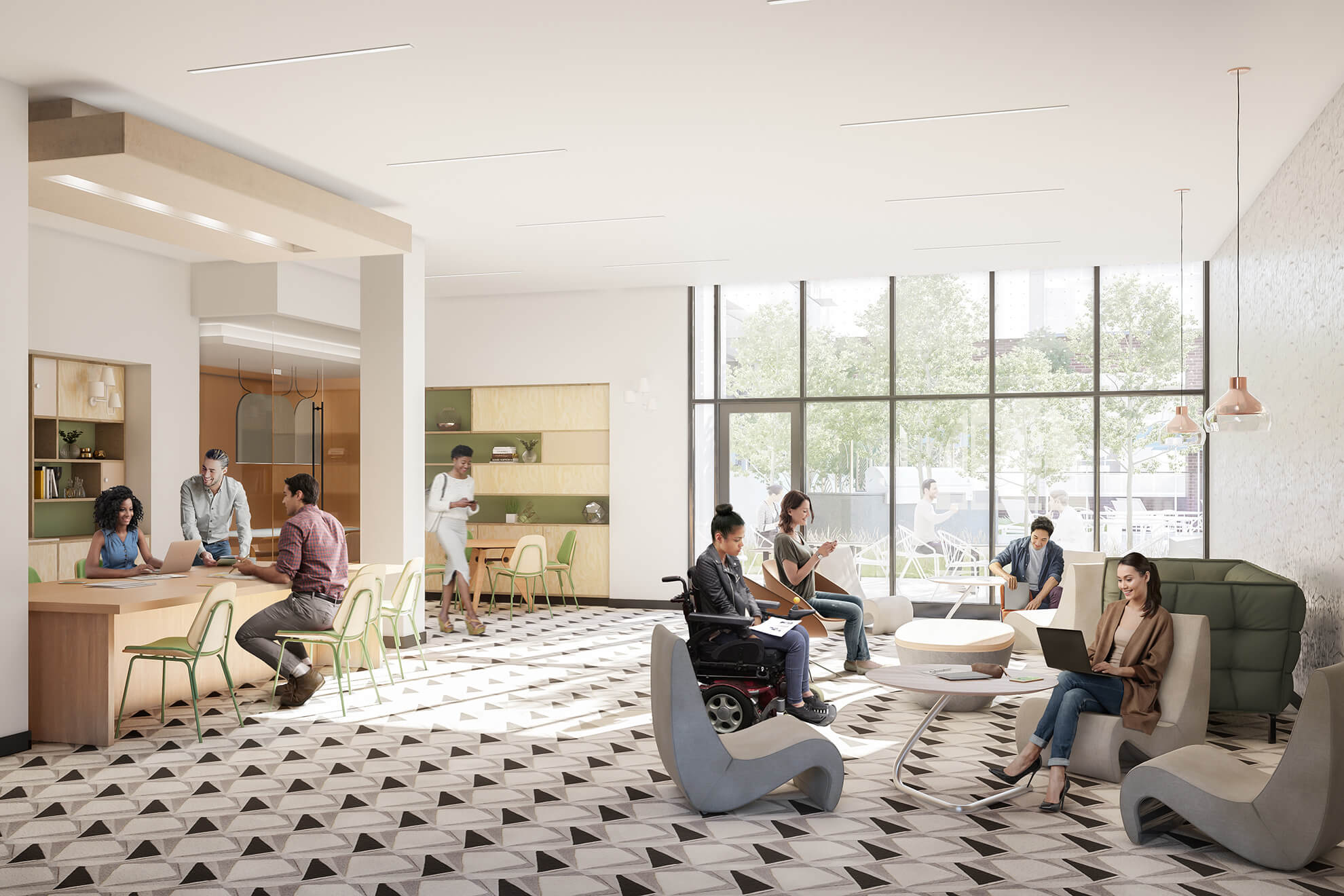 Digital render of the Artsy co-working space. Various people including someone is a wheelchair working at desks and lounge chairs.