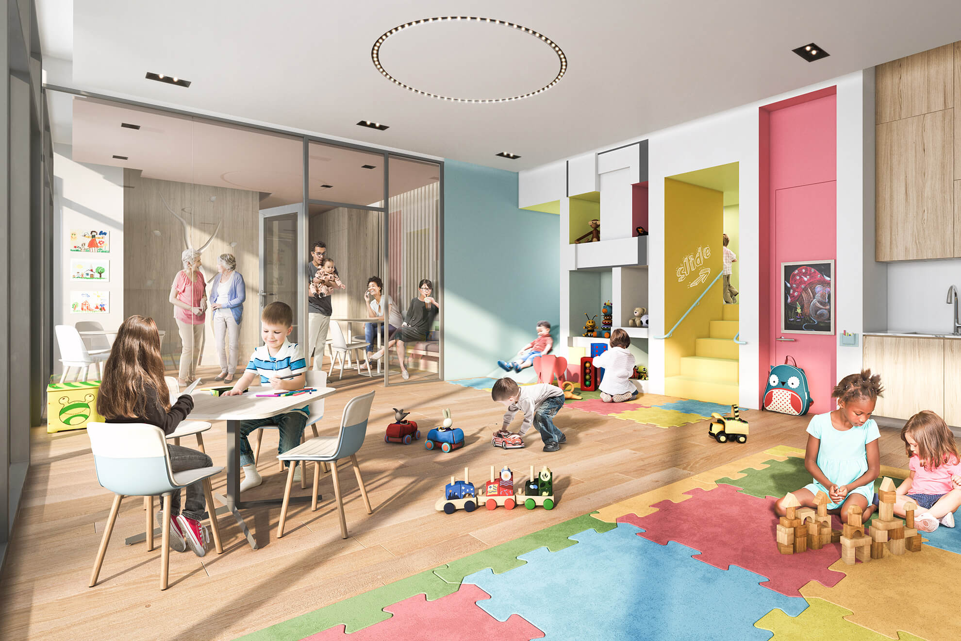 Wesley Tower Child Centre Rendering - kids playing in the room while parent look on