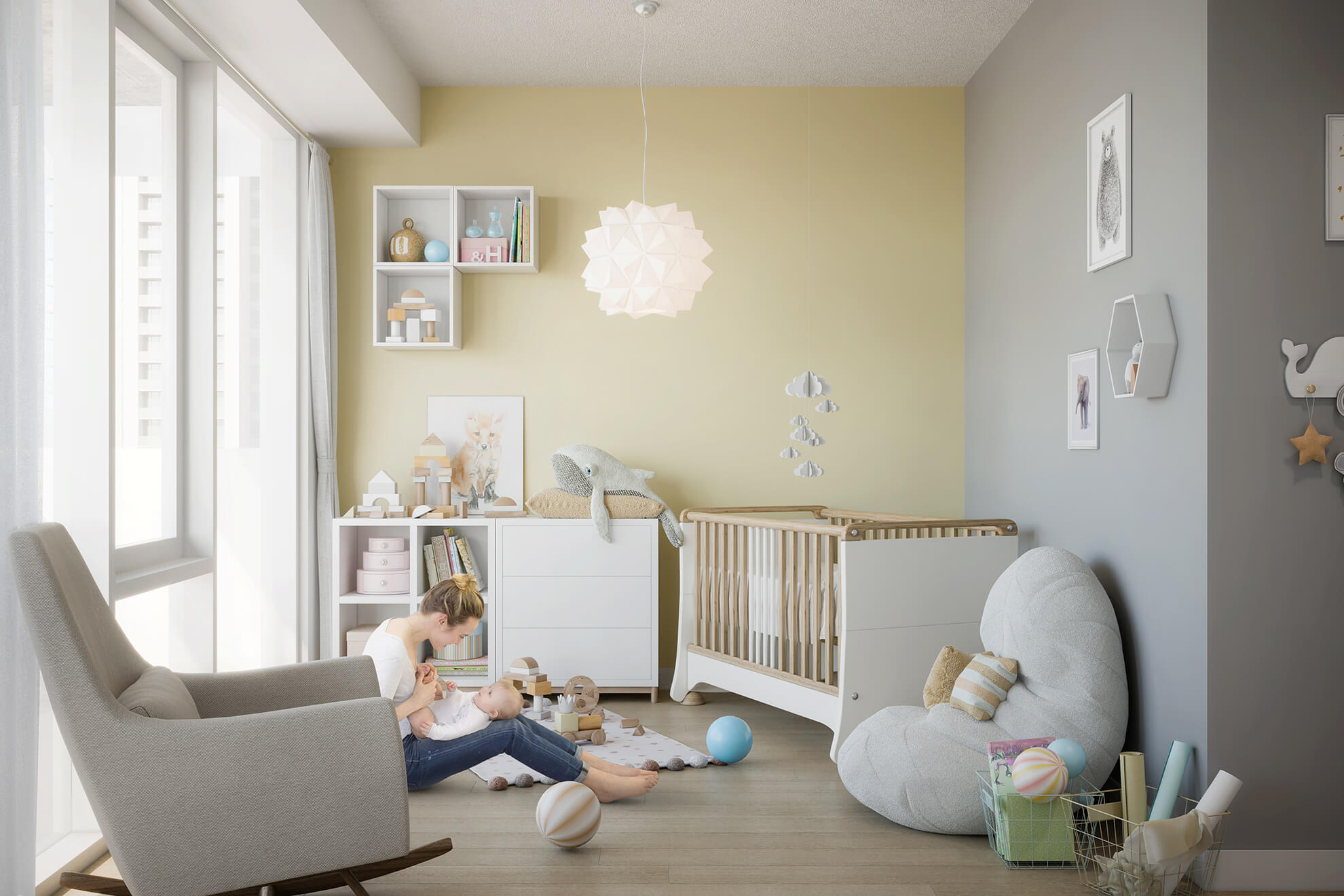 Wesley Tower render of the Kids Room - mum playing with her baby